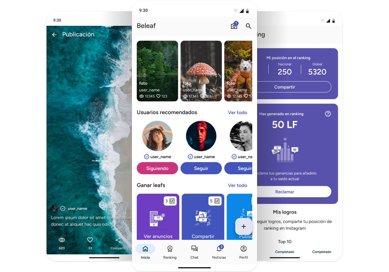 Pantallas Beleaf de Feed, Publicacion y Ranking