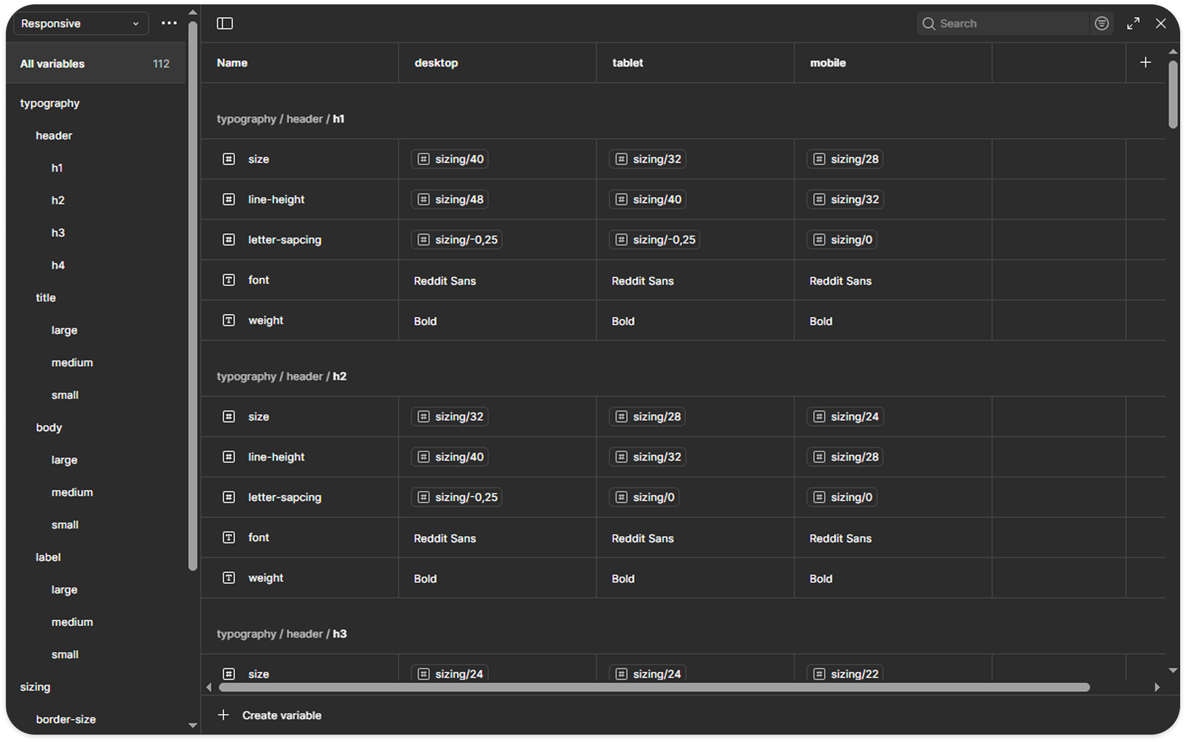 Variables responsives del sistema de diseño LogiQ